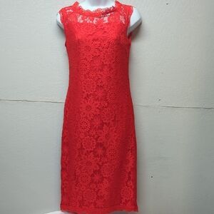 Red Sheath Midi Dress with Crew Neck